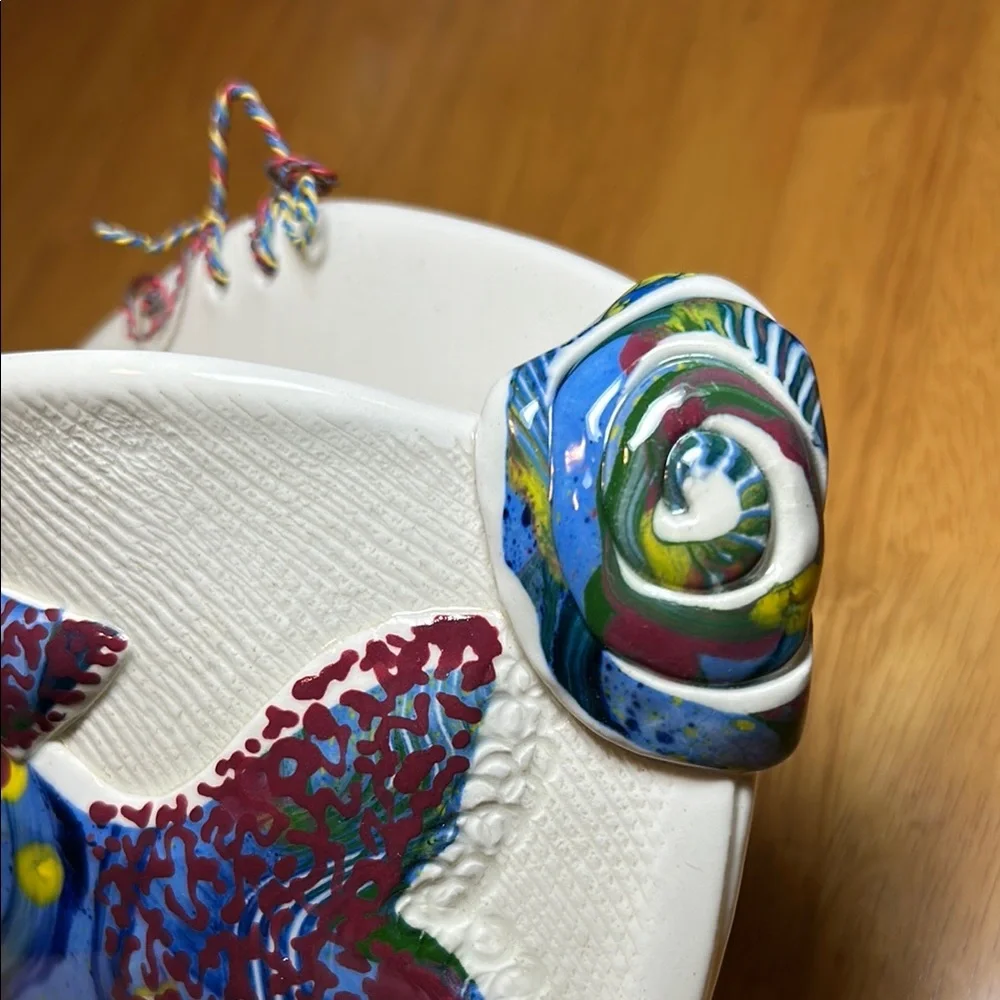 Artist Lucinda signed pottery fish Wall pocket Colorful Decor